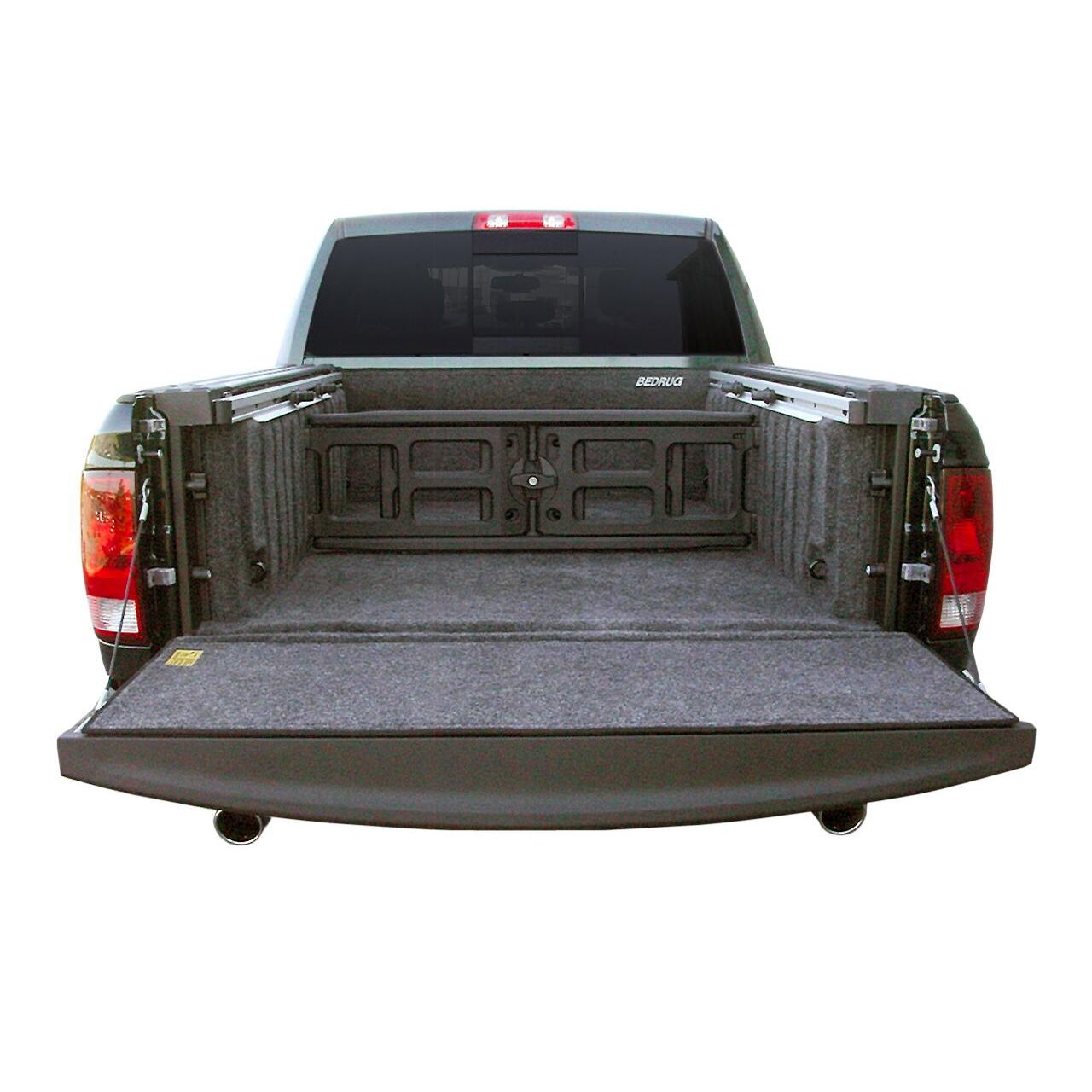 BedRug 09-18 - Charcoal (19-23 Classic) Dodge Ram 5'7" Bed w/ Rambox w/Bed Rail Storage Bed Liner w/ Tailgate Mat in a truck bed.