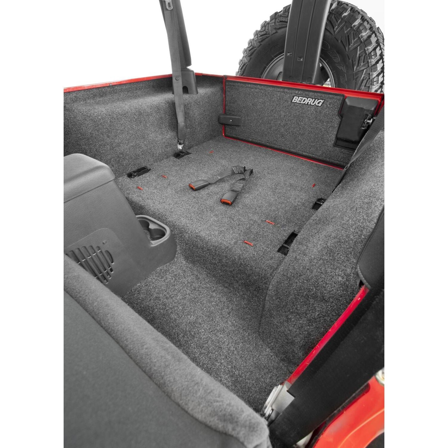 BedRug Jeep 97-06 Jeep TJ Rear Cargo Kit - Charcoal (Includes Tailgate) Cargo Kit installed in Jeep interior.