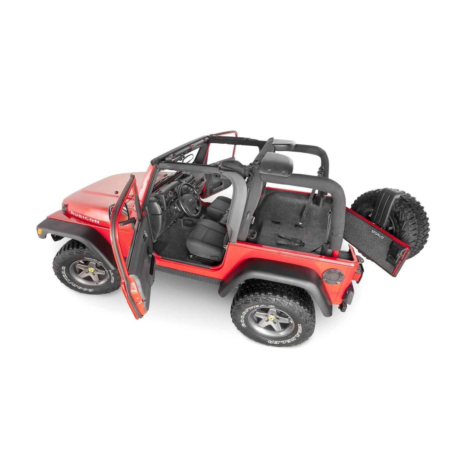 BedRug Jeep 97-06 Jeep TJ Rear Cargo Kit - Charcoal (Includes Tailgate) Cargo Kit 4 pc. shown in red Jeep interior.