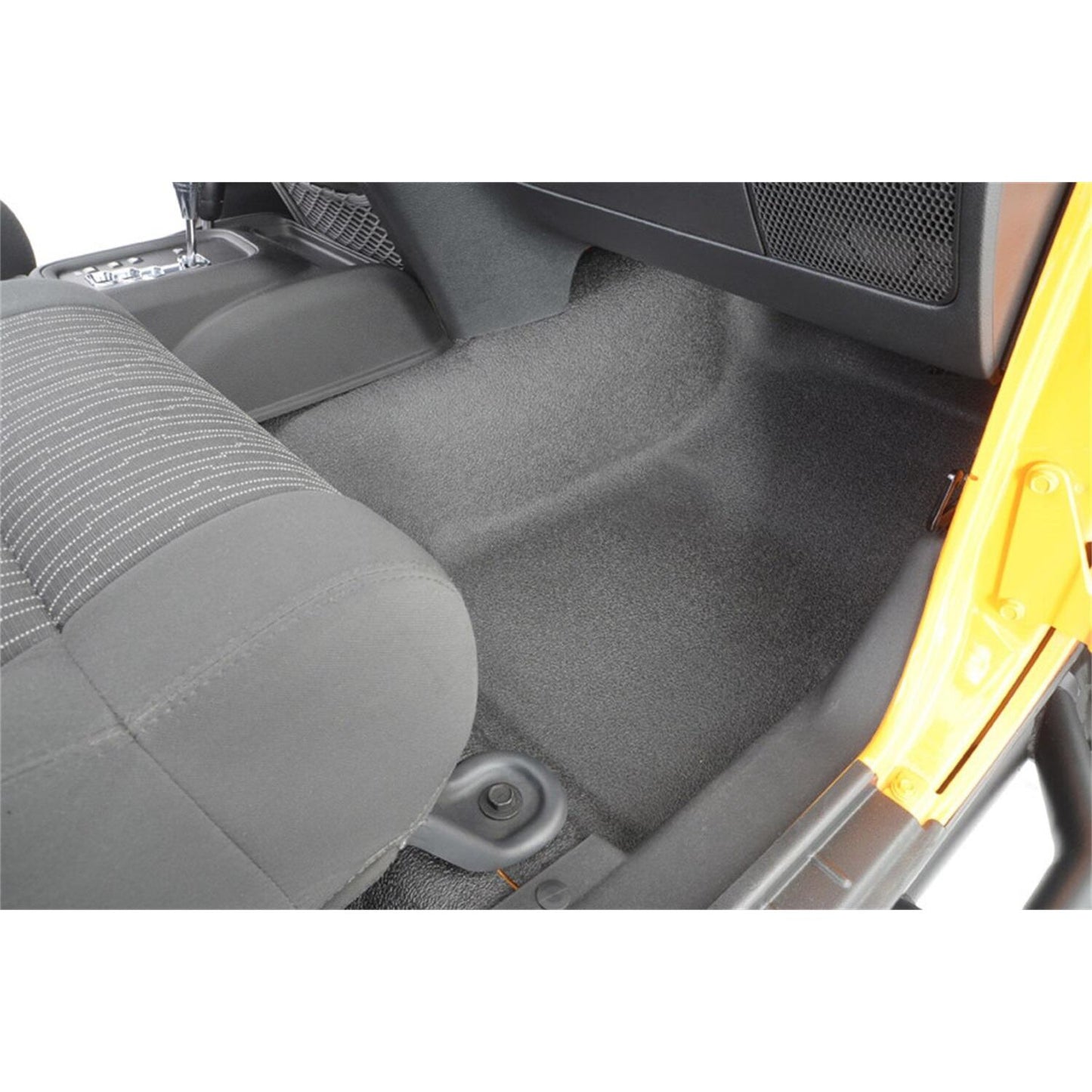 BedRug Jeep Bedtred 07-10 Jeep JK 2Dr Front 3Pc Floor Kit - Charcoal (Includes Heat Shields) Bed Liner installed in vehicle.