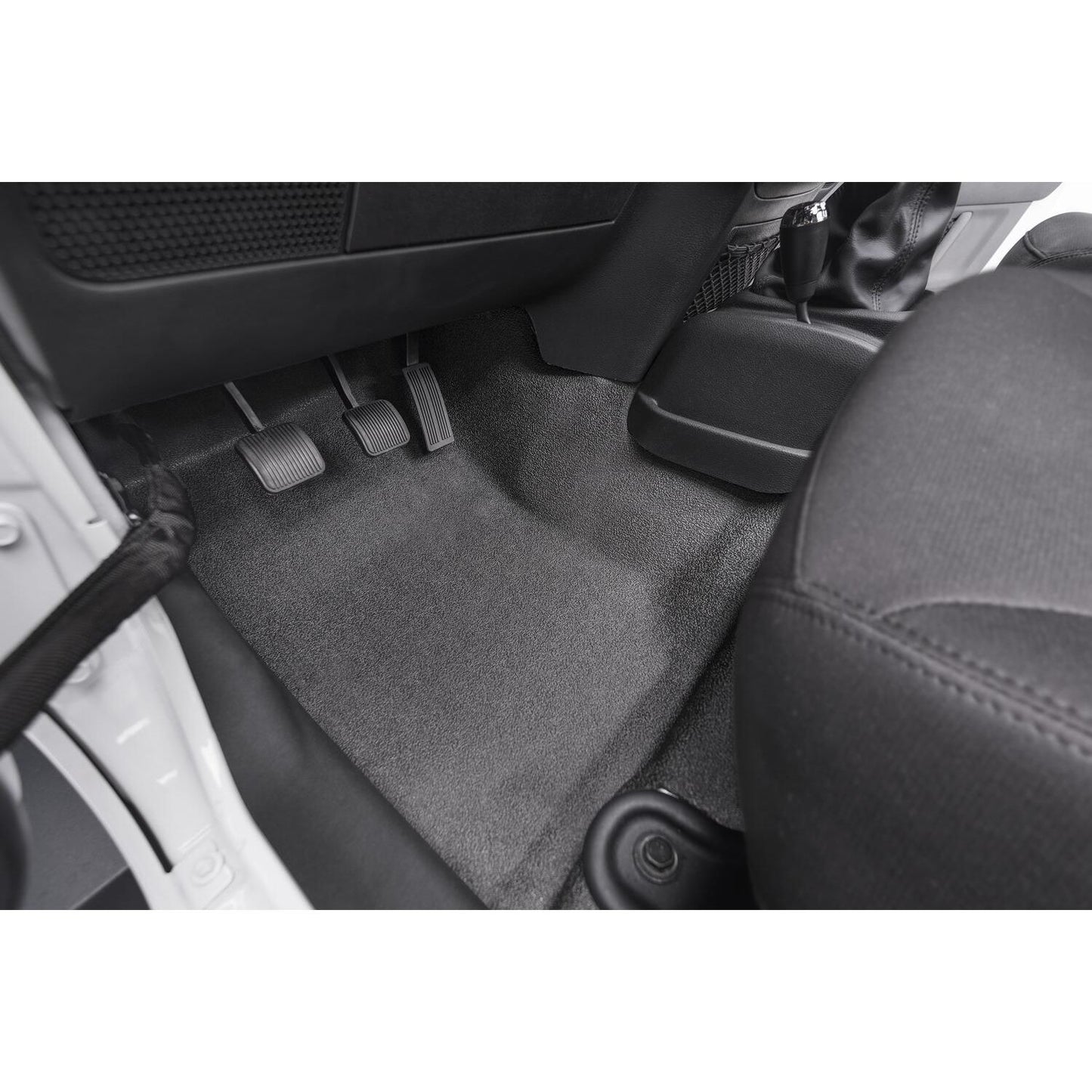 BedRug Jeep Bedtred 07-10 Jeep JK 2Dr Front 3Pc Floor Kit - Charcoal (Includes Heat Shields) Bed Liner installed in vehicle.