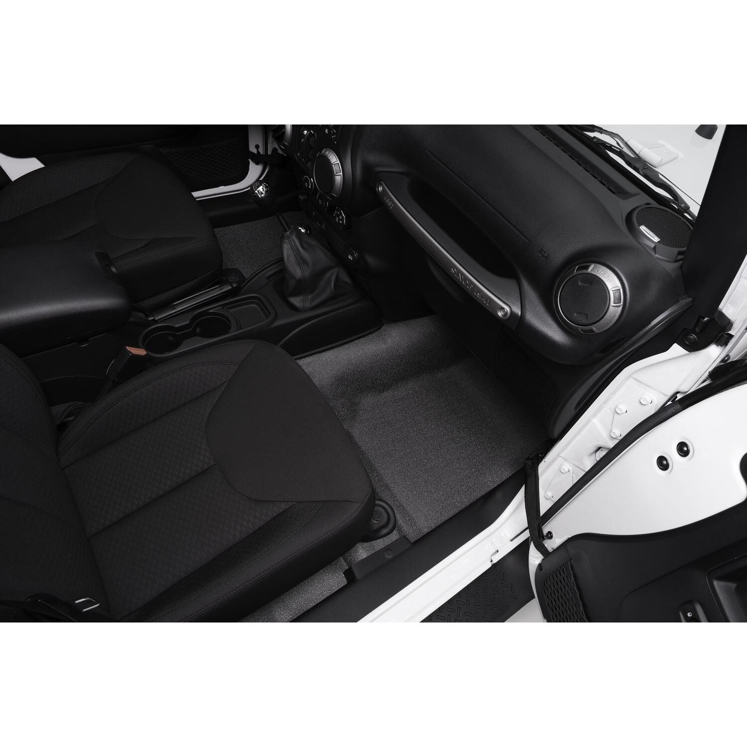 BedRug Jeep Bedtred 07-10 Jeep JK 2Dr Front 3Pc Floor Kit - Charcoal (Includes Heat Shields) Bed Liner installed in Jeep interior.