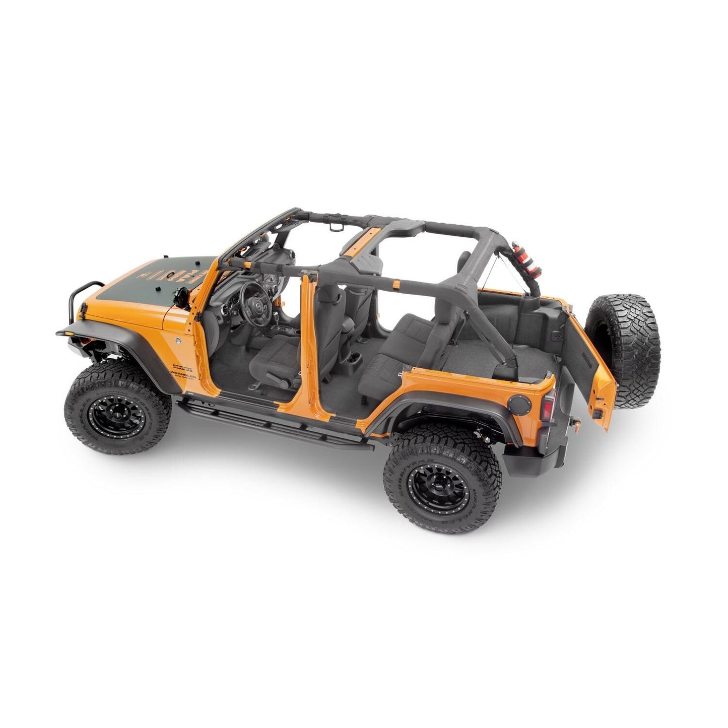 BedRug Jeep Bedtred 07-18 Jeep JK Unltd 4Dr Front 4Pc Floor Kit - Charcoal (Inc Heat Shields) Bed Liner in a Jeep interior.