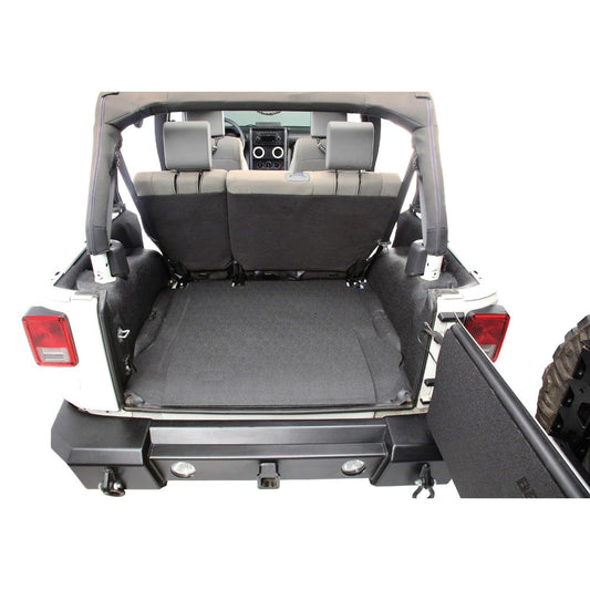 BedRug Jeep Bedtred 07-10 Jeep JK 2Dr Rear 5Pc Cargo Kit Rear Kit Incl. Drivers Wheel Well/ Passengers Wheel Well/ Rear Cargo Floor/ Tailgate And Tub Liner Bed Liner - Charcoal (BTJK07R2) in a Jeep interior.