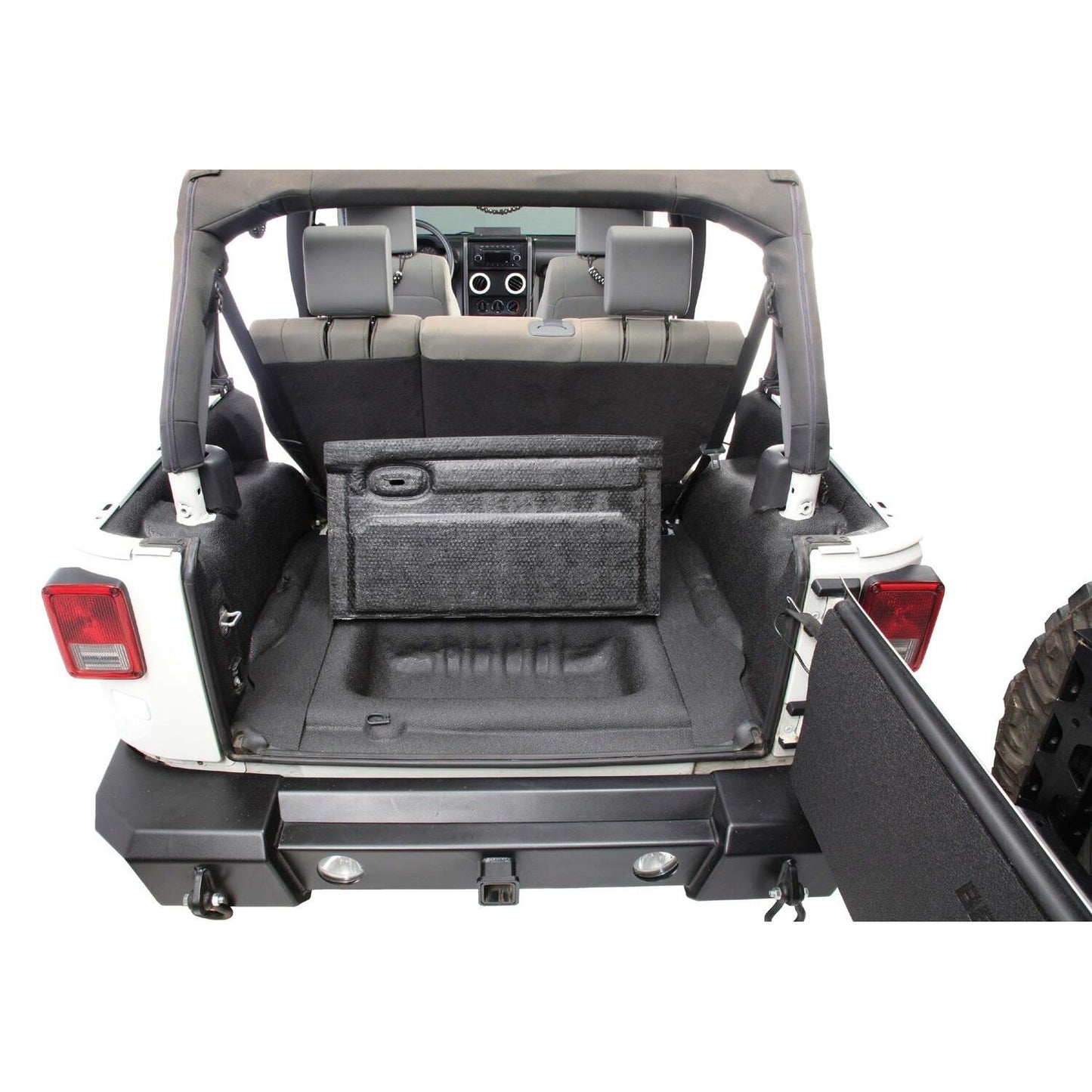 BedRug Jeep Bedtred 07-10 Jeep JK 2Dr Rear 5Pc Cargo Kit Rear Kit Incl. Drivers Wheel Well/ Passengers Wheel Well/ Rear Cargo Floor/ Tailgate And Tub Liner Bed Liner - Charcoal (BTJK07R2) in Jeep trunk image.