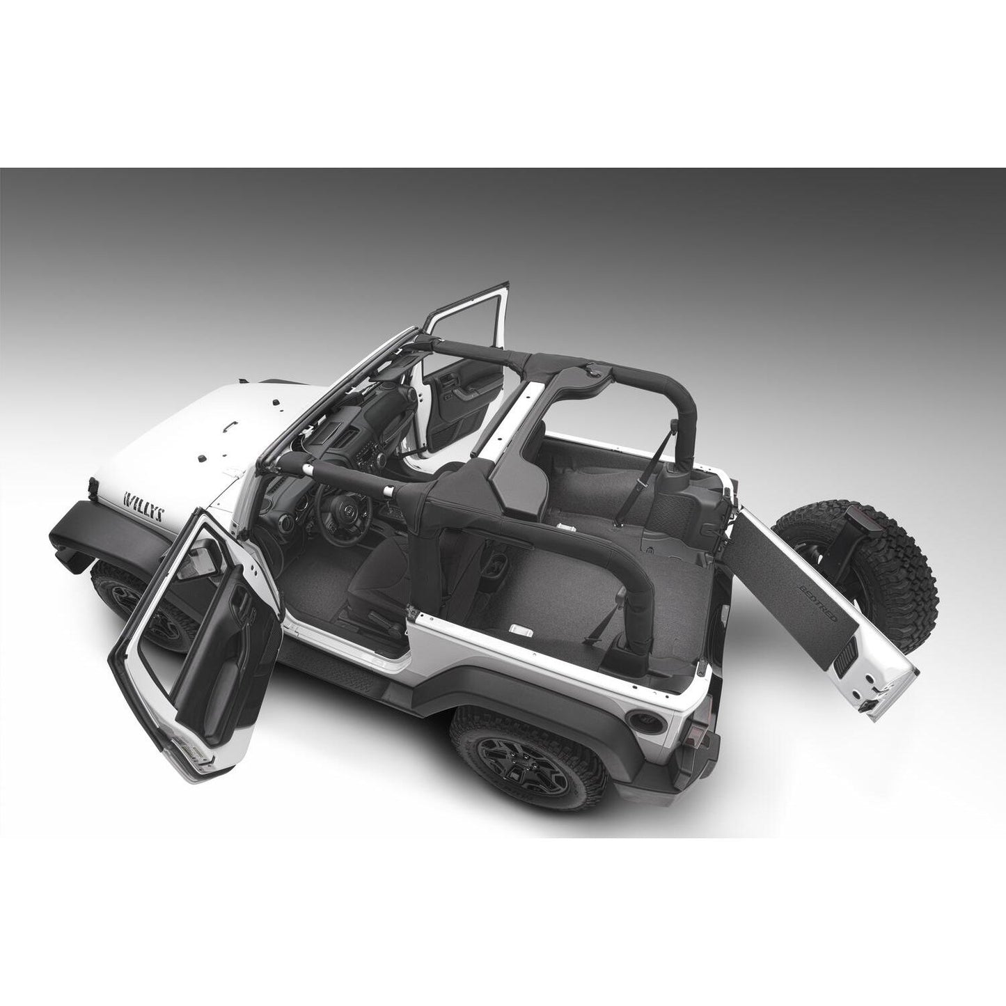 BedRug Jeep Bedtred 07-10 Jeep JK 2Dr Rear 5Pc Cargo Kit Rear Kit Incl. Drivers Wheel Well/ Passengers Wheel Well/ Rear Cargo Floor/ Tailgate And Tub Liner Bed Liner - Charcoal (BTJK07R2) on a Jeep.