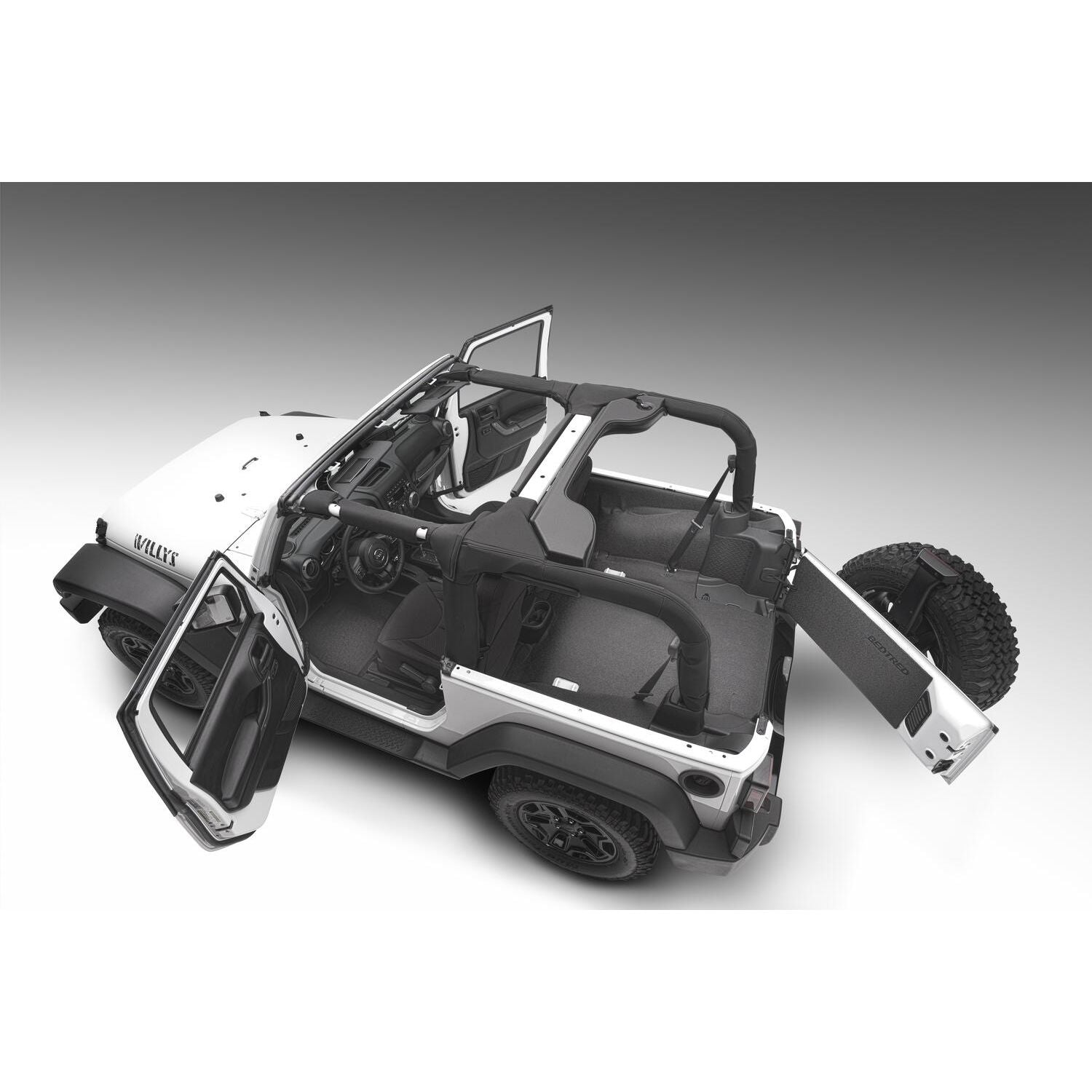 BedRug Jeep Bedtred 07-10 Jeep JK 2Dr Rear 5Pc Cargo Kit Rear Kit Incl. Drivers Wheel Well/ Passengers Wheel Well/ Rear Cargo Floor/ Tailgate And Tub Liner Bed Liner - Charcoal (BTJK07R2) on a Jeep.