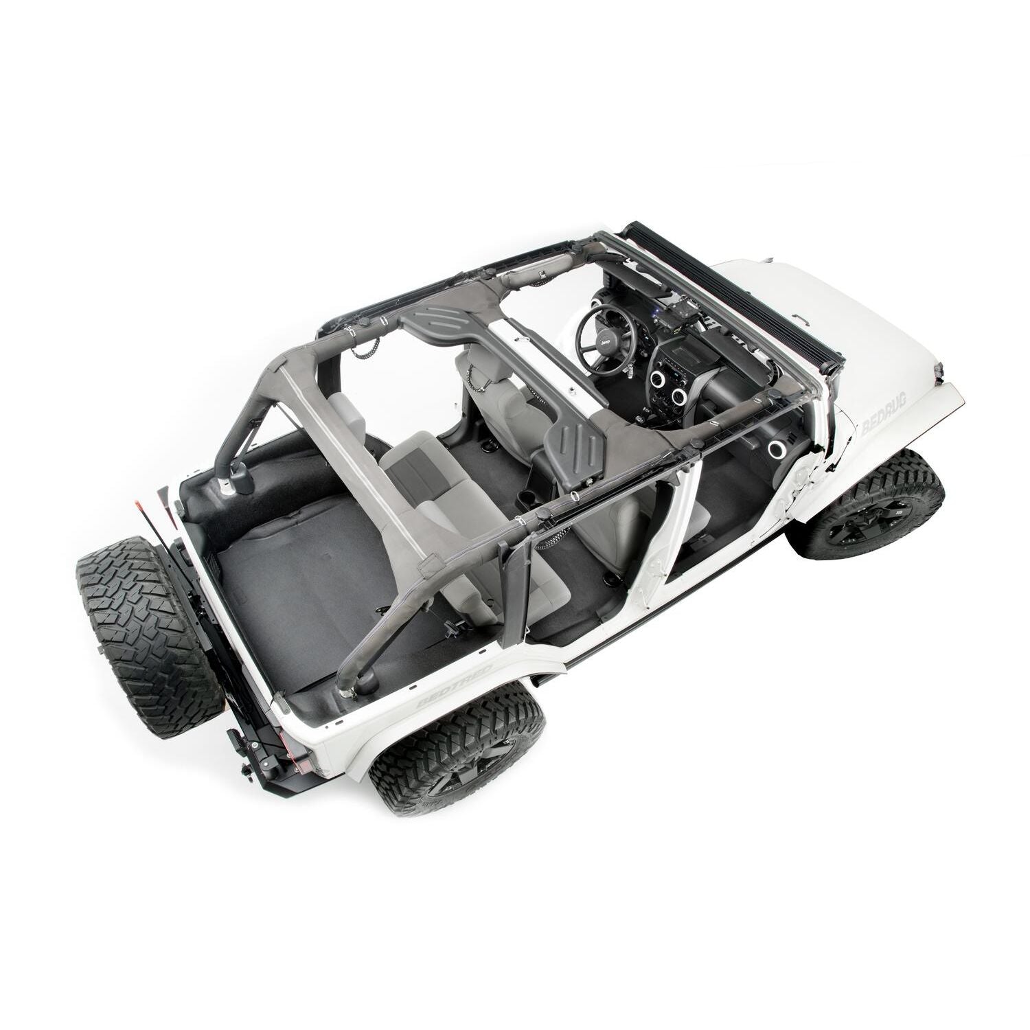 BedRug Jeep Bedtred 07-10 JK Unltd 4Dr RR 5Pc Cargo Kit Rear Kit Incl. Drivers Wheel Well/ Passengers Wheel Well/ Rear Cargo Floor/ Tailgate And Tub Liner Bed Liner - Charcoal (BTJK07R4) - Jeep interior view