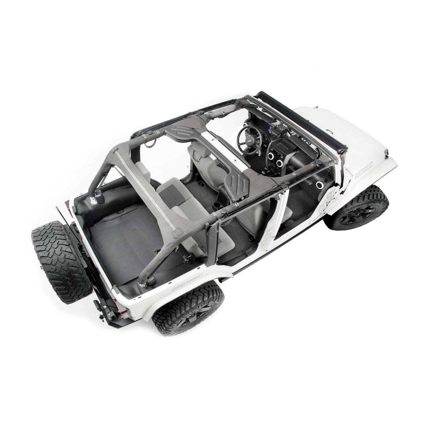 BedRug Jeep Bedtred 11-18 JK Unltd 4Dr Rear 5Pc Cargo Kit Rear Kit Incl. Drivers Wheel Well/ Passengers Wheel Well/ Rear Cargo Floor/ Tailgate And Tub Liner Bed Liner - Charcoal (BTJK11R4) installed in a Jeep interior.