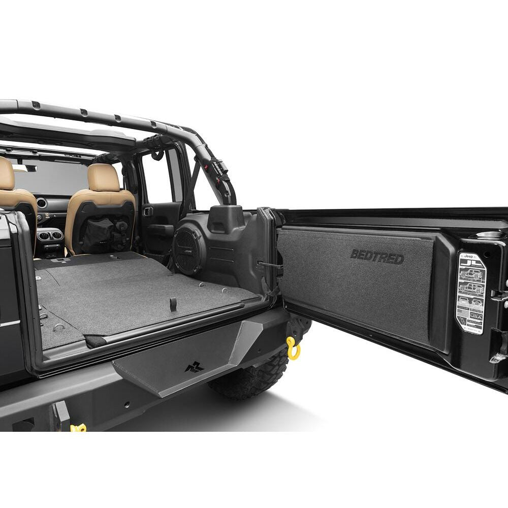 BedRug 2018-2026 Jeep Wrangler 2 Door Bed Liner - Charcoal (BTJL18F2) installed in a Jeep interior view.