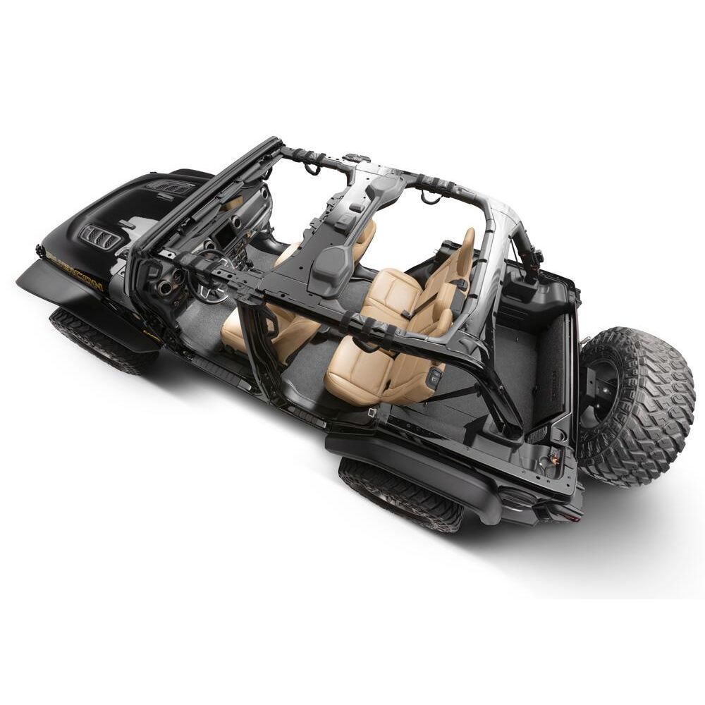 BedRug 2018-2026 Jeep Wrangler 4 Door Bed Liner - Charcoal (BTJL18F4) installed in an open Jeep Wrangler interior.