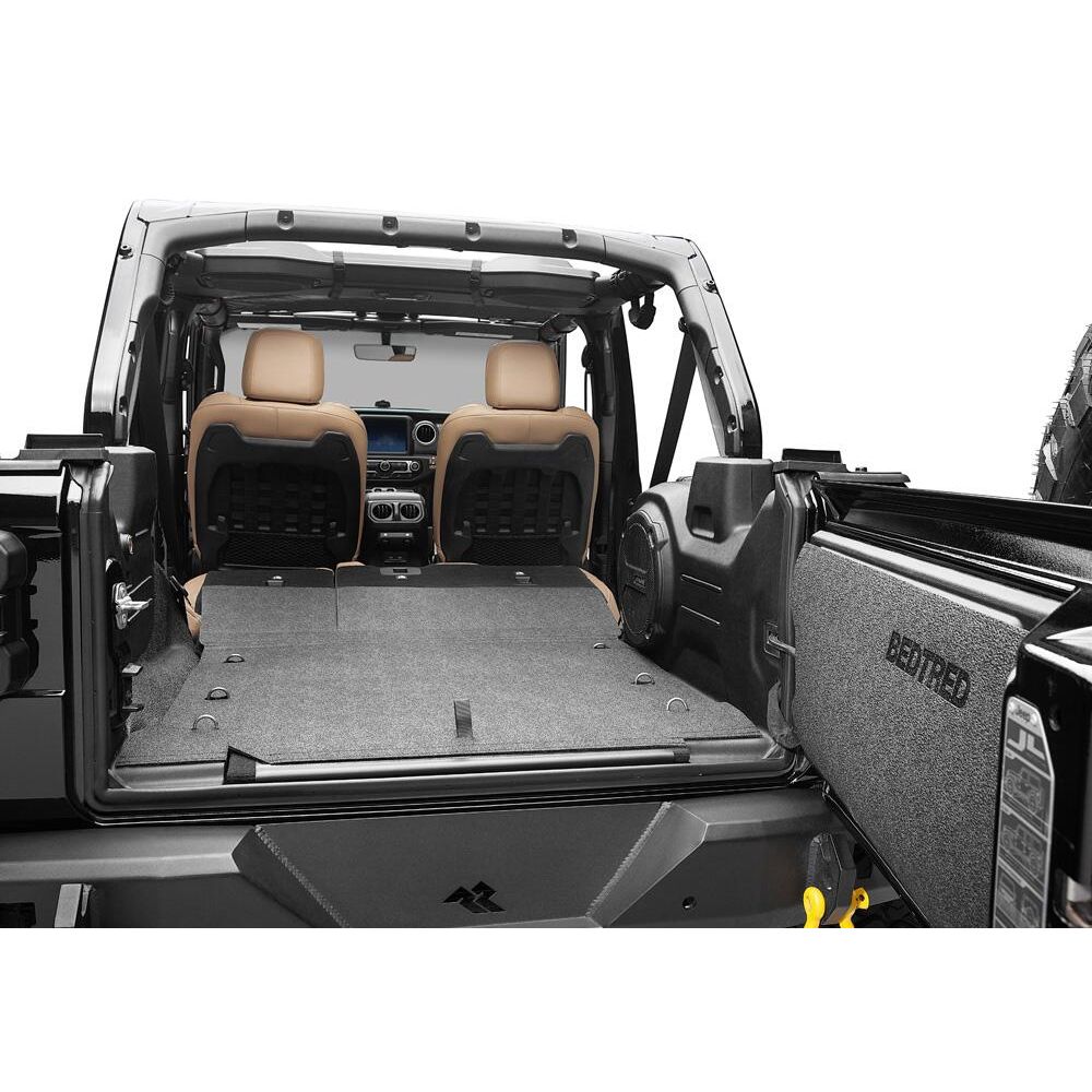 BedRug 2018-2026 Jeep Wrangler 2 Door Bed Liner - Charcoal (BTJL18R2) installed in a Jeep's cargo area.