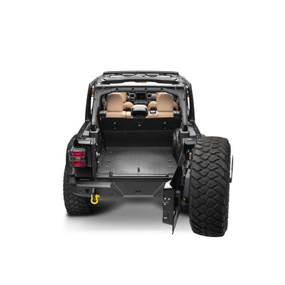 BedRug 2018-2026 Jeep Wrangler 2 Door Bed Liner - Charcoal (BTJL18R2) installed in a Jeep Wrangler interior.