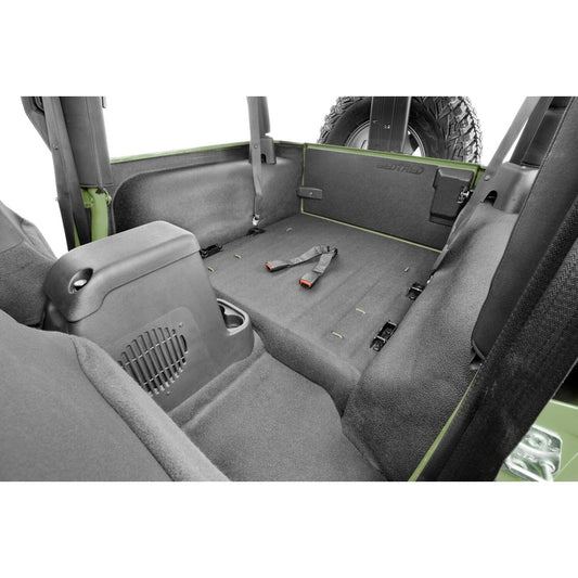 BedRug Jeep Bedtred 97-06 Jeep TJ 97-06 Rear 4Pc Cargo Kit Incl. Driver Left Hand Panel Passenger Right Hand Panel Cargo Area Tailgate Replaces Factory Carpet Kit Bed Liner - Charcoal (BTTJ97R) installed in Jeep interior.