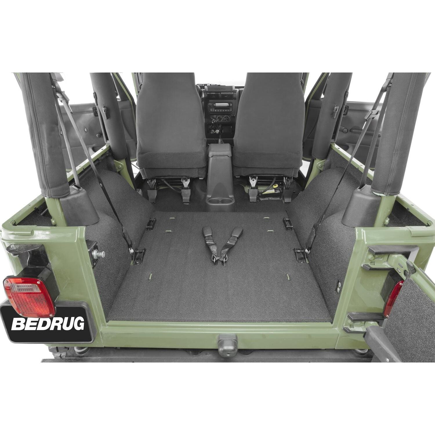 BedRug Jeep Bedtred 97-06 Jeep TJ 97-06 Rear 4Pc Cargo Kit Incl. Driver Left Hand Panel Passenger Right Hand Panel Cargo Area Tailgate Replaces Factory Carpet Kit Bed Liner - Charcoal (BTTJ97R) in a Jeep interior.