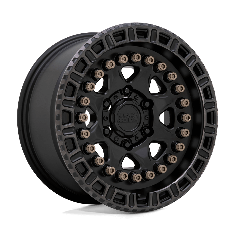 Black Rhino CARBINE Matte Black W/ Mach Tint Ring showcasing bold eight-spoke design with exposed bronze bolts.