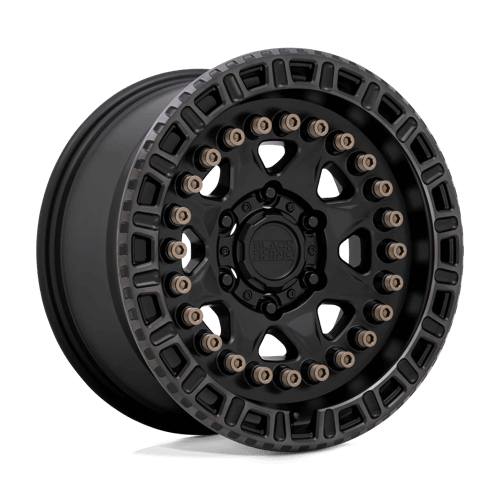 Black Rhino CARBINE Matte Black W/ Mach Tint Ring wheel with eight spokes and bronze bolts design.