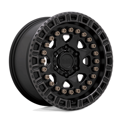 Black Rhino CARBINE Matte Black W/ Mach Tint Ring wheel with eight spokes and bronze bolts design.