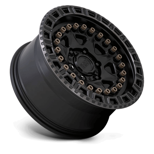 Black Rhino CARBINE Matte Black W/ Mach Tint Ring showcasing rugged design with bronze bolts and a modern eight-spoke style.