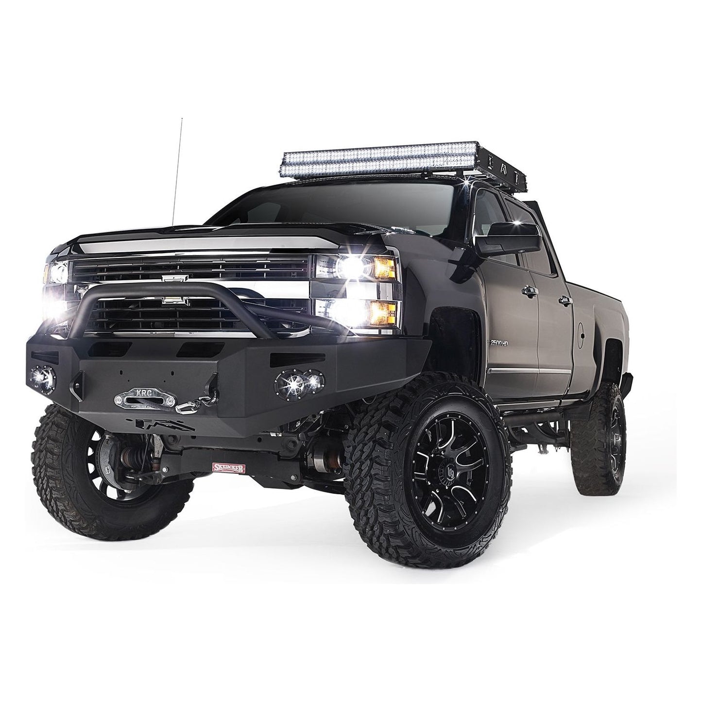 Fab Fours Premium Heavy Duty Winch Front Bumper 2 Stage Black Powder Coated w/Pre-Runner Grill Guard Incl. Fog And Turn Lights Air Ducts D-Ring Mounts l CH14-A3052-1