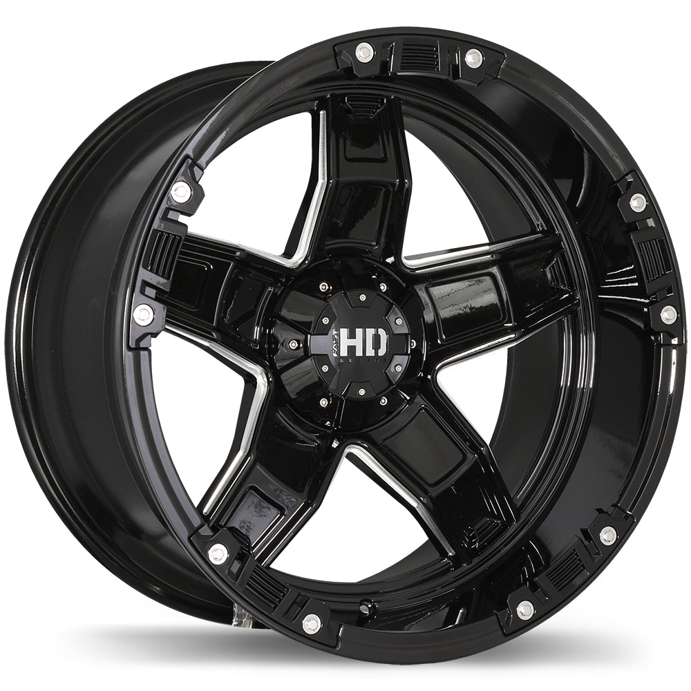 Fast HD Rampage Gloss Black with Milled Trim 22 x 12" 5X135 -45 offset F187-2220-55BH-45C870