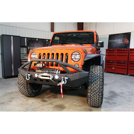 Fishbone Offroad | Jeep JK Front Winch Bumper W/LEDs Full Width 07-18 Wranger JK Black Texured Powercoated Fishbone Offroad | FB22004