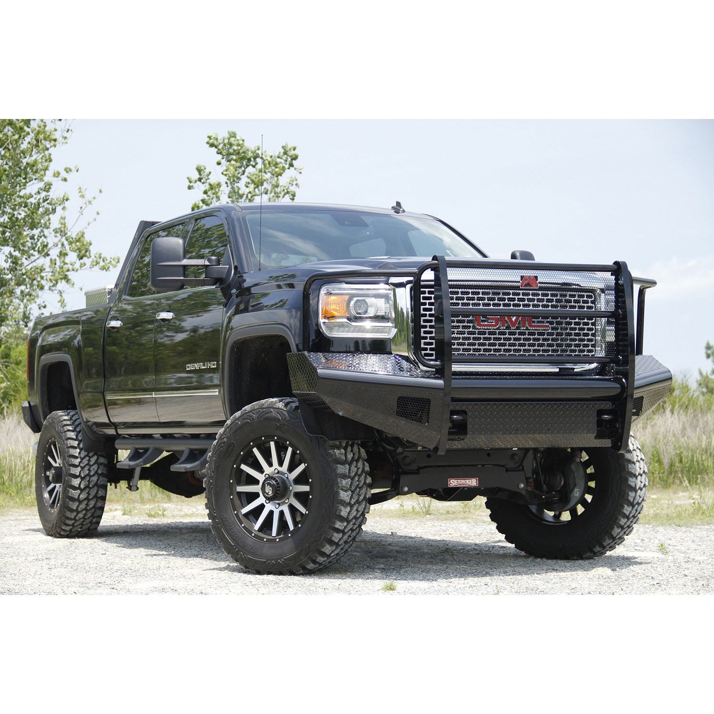 Fab Fours Black Steel Front Ranch Bumper 2 Stage Black Powder Coated w/Full Grill Guard Incl. Light Cut-Outs l GM08-S2160-1