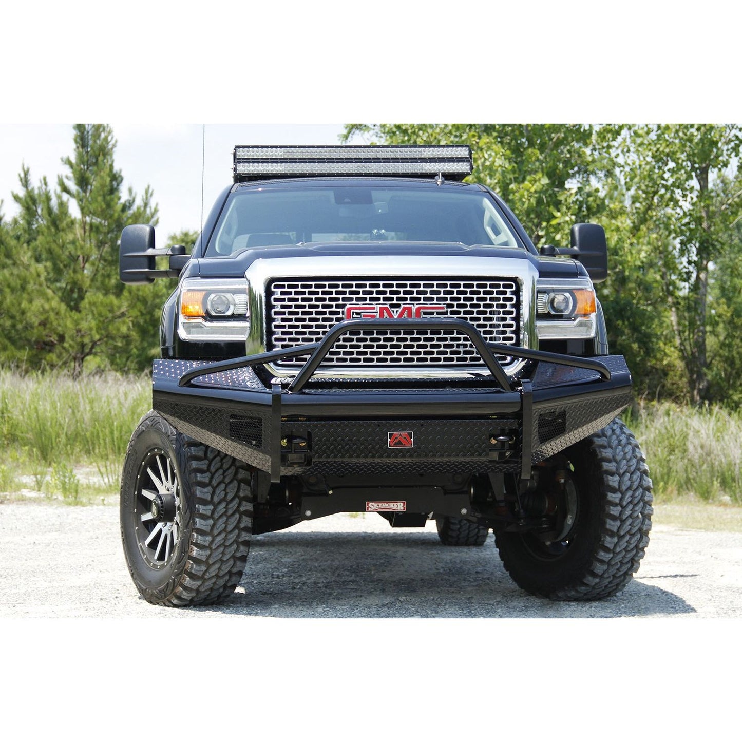 Fab Fours Black Steel Front Ranch Bumper 2 Stage Black Powder Coated w/Pre-Runner Grill Guard Incl. Light Cut-Outs l GM11-S2862-1
