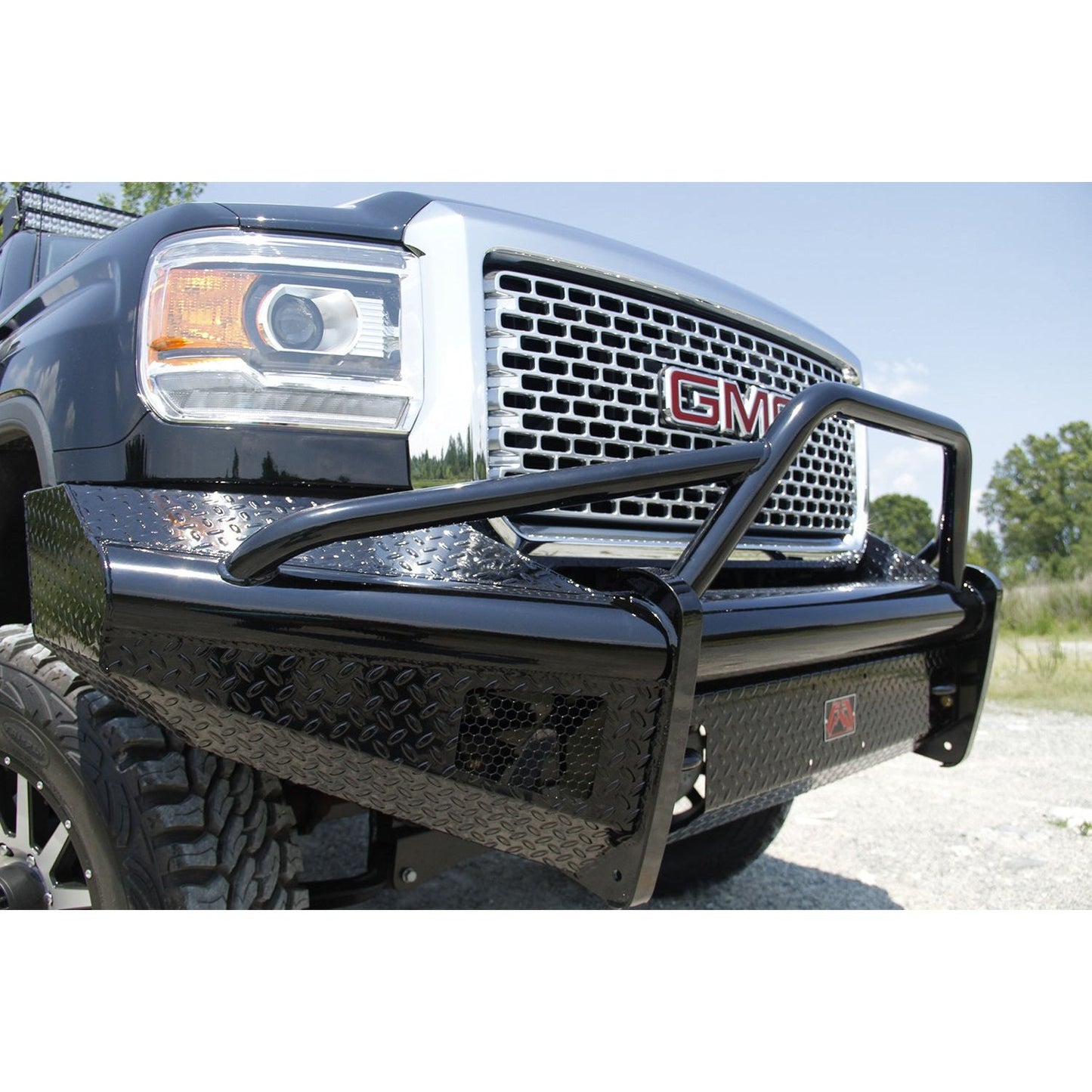 Fab Fours Black Steel Front Ranch Bumper 2 Stage Black Powder Coated w/Pre-Runner Grill Guard Incl. Light Cut-Outs l GM11-S2862-1