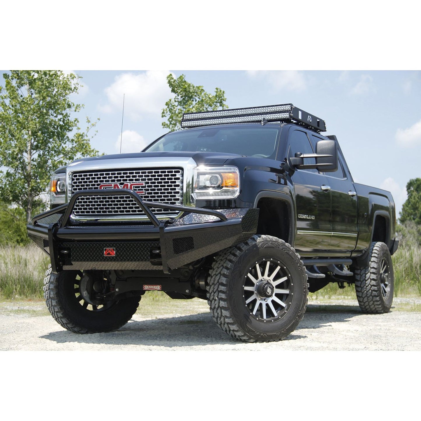 Fab Fours Black Steel Front Ranch Bumper 2 Stage Black Powder Coated w/Pre-Runner Grill Guard Incl. Light Cut-Outs l GM11-S2862-1