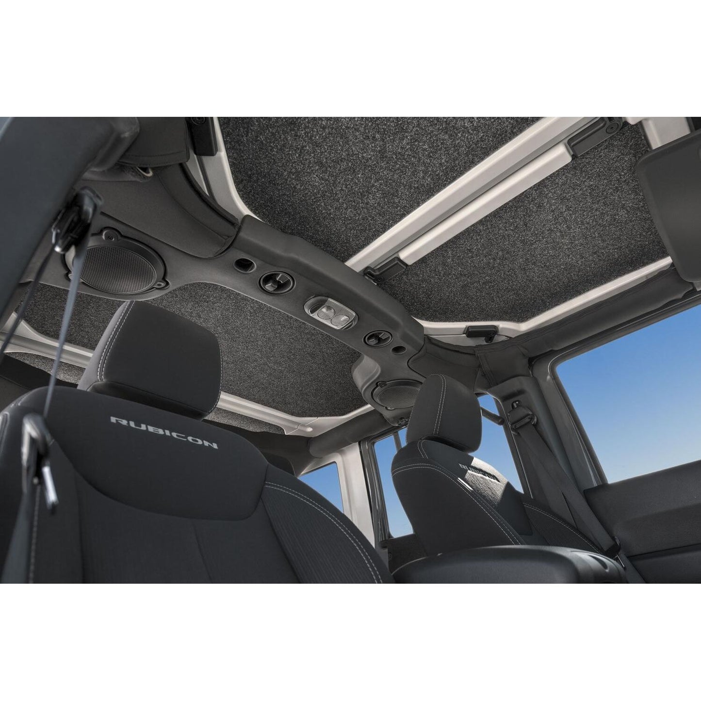 BedRug Jeep Headliner 07-10 JK Unlimited 4 door Headliner Kit 4 pc. Kit Intended For Hard Top Bed Liner - Charcoal (HLJK074DRK) in a Jeep interior.
