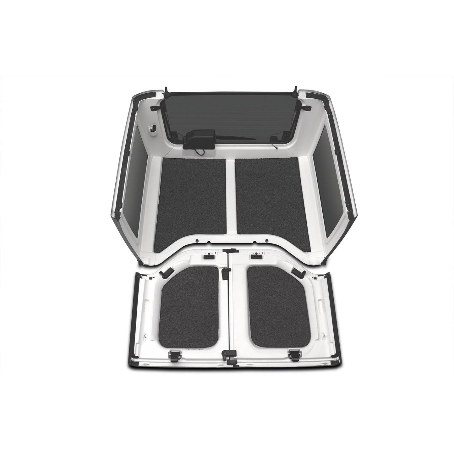 BedRug Jeep Headliner 11-18 JK 2 door Headliner Kit 4 pc. Kit Intended For Hard Top Bed Liner - Charcoal (HLJK112DRK) displayed on a Jeep.