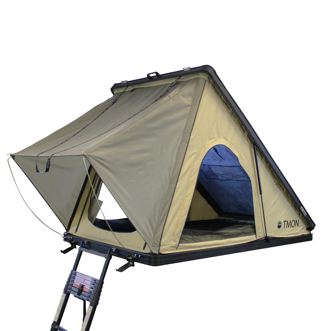 Overland Vehicle Systems LD TMON Clamshell Aluminum Hard Shell Roof Top Tent - 2 Person Capacity, Tan Body & Green Rainfly 18119935