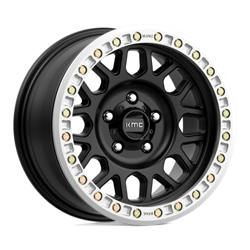 KMC KM234 GRENADE DESERT BEADLOCK Satin Black wheel showcasing aggressive design and durability for off-road vehicles.