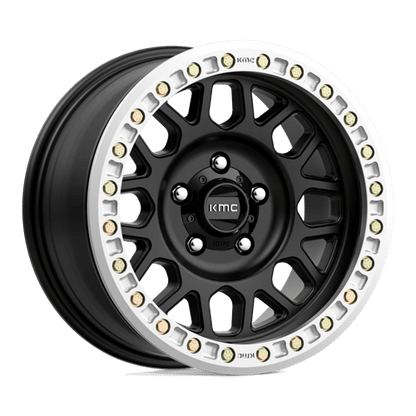 KMC KM234 GRENADE DESERT BEADLOCK Satin Black wheel showcasing aggressive design and durability for off-road vehicles.