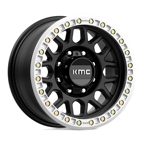 KMC KM234 GRENADE DESERT BEADLOCK Satin Black wheel designed for off-road vehicles, highlighting its rugged and aggressive design.