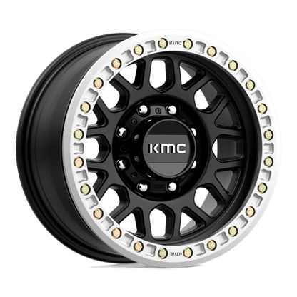KMC KM234 GRENADE DESERT BEADLOCK Satin Black wheel designed for off-road vehicles, highlighting its rugged and aggressive design.