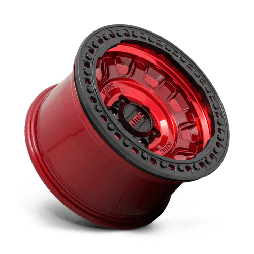 KMC KM236 TANK BEADLOCK Candy Red wheel for off-road vehicles showcasing aggressive styling and durability.