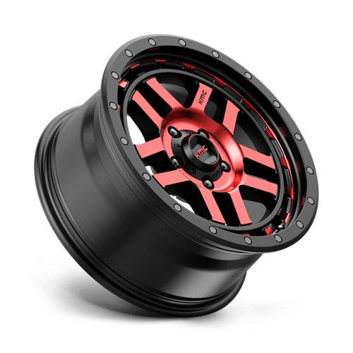 KMC KM540 RECON Gloss Black Mach W/ Red Tint wheel showcasing a modern design and rugged aesthetics for trucks and SUVs.