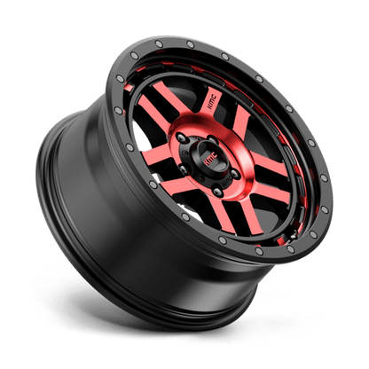 KMC KM540 RECON Gloss Black Mach W/ Red Tint wheel showcasing a modern design and rugged aesthetics for trucks and SUVs.
