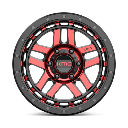 KMC KM540 RECON Gloss Black Mach W/ Red Tint wheel showcasing rugged design and bold aesthetics.
