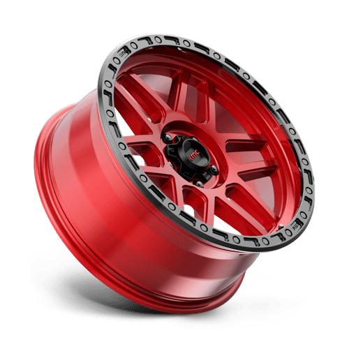 KMC KM544 MESA Candy Red W/ Black Lip wheel showcasing its rugged design and bold color.
