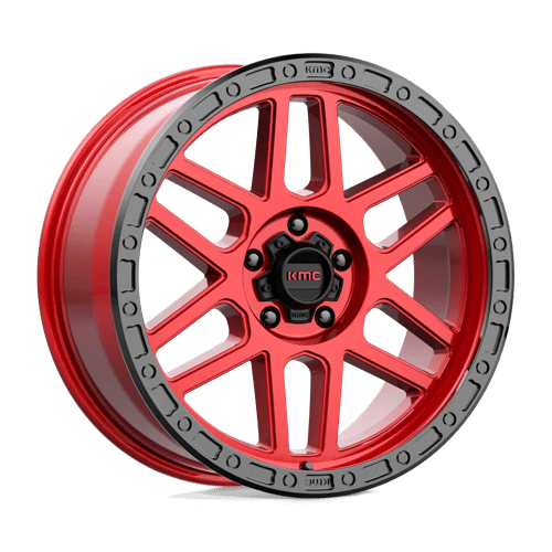 KMC KM544 MESA Candy Red W/ Black Lip wheel showcasing rugged design and off-road capability.