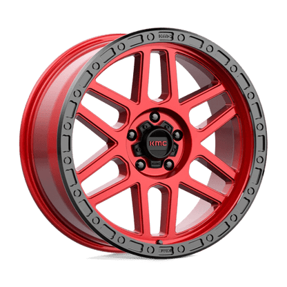 KMC KM544 MESA Candy Red W/ Black Lip wheel showcasing rugged design and off-road capability.