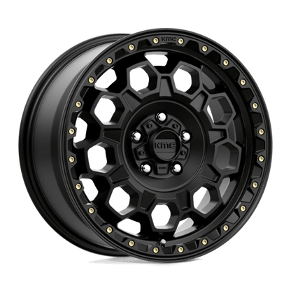 KMC KM545 TREK Satin Black rugged wheel for trucks and SUVs with stylish off-road design.