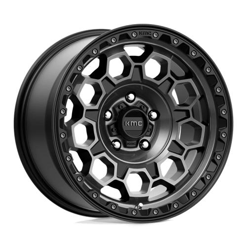 KMC KM545 TREK Satin Black W/ Gray Tint wheel with hexagonal design, perfect for rugged truck and SUV upgrades.