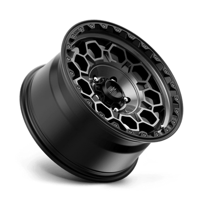 KMC KM545 TREK Satin Black W/ Gray Tint wheel showcasing rugged design and off-road style.
