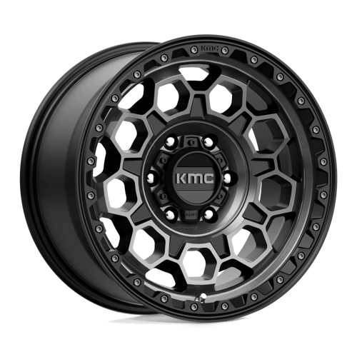 KMC KM545 TREK Satin Black W/ Gray Tint rugged wheel designed for trucks and SUVs, showcasing durability and stylish off-road aesthetics.
