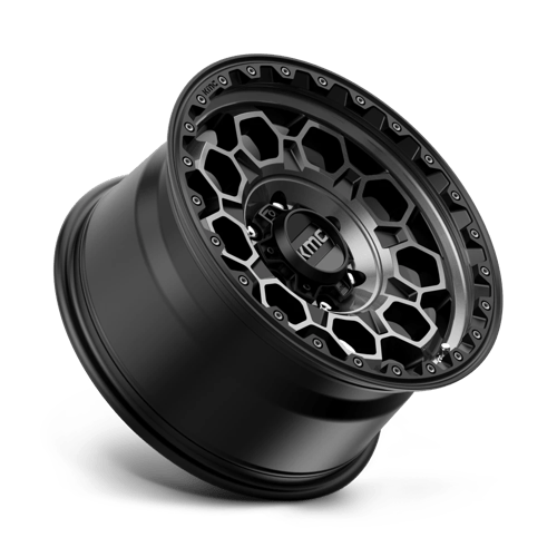 KMC KM545 TREK Satin Black W/ Gray Tint wheel with a rugged design and hexagonal cutouts, ideal for off-road performance.