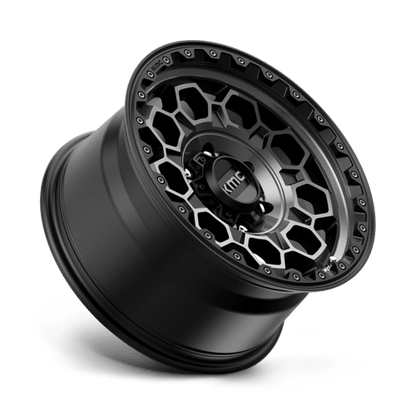 KMC KM545 TREK Satin Black W/ Gray Tint wheel with a rugged design and hexagonal cutouts, ideal for off-road performance.